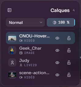 Panneau Calques : mode de fusion Normal et jauge d'opacité 100 % en haut, quatre calques avec leur type (Vidéo, Image, Live2D)