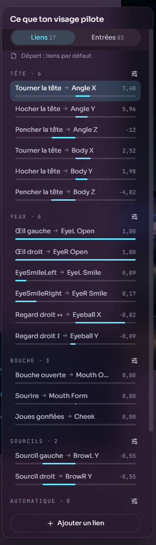 Panneau Ce que ton visage pilote, onglet Liens : liens rangés par Tête, Yeux, Bouche, Sourcils, chacun avec sa valeur en direct