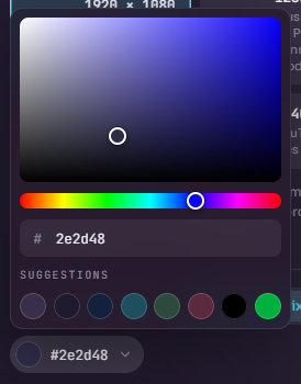 Sélecteur de couleur en verre ouvert au-dessus de son bouton : carré saturation et luminosité, bande des teintes, champ du code 2e2d48, huit couleurs suggérées