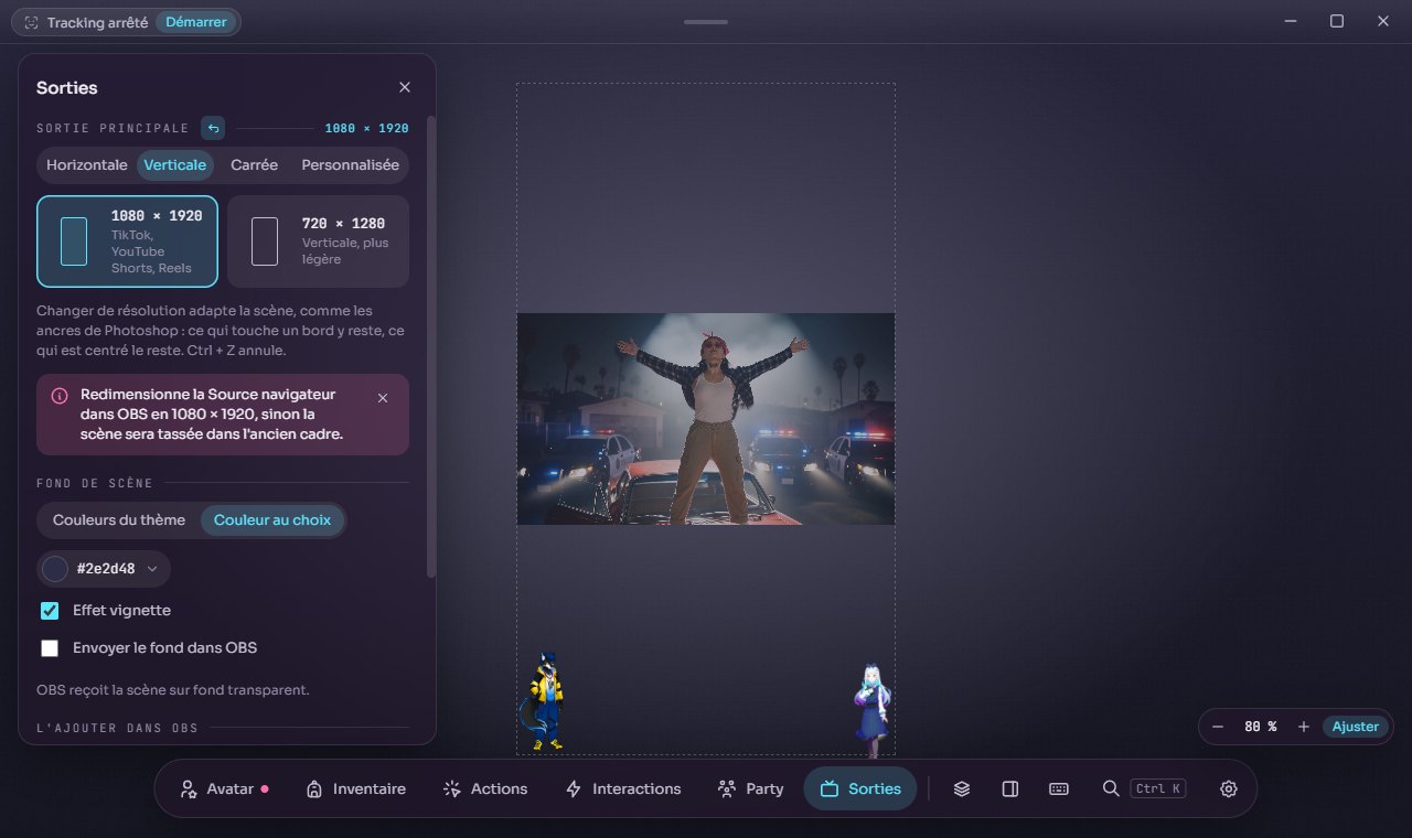 Espace Sorties : onglet Verticale, carte 1080 × 1920 (TikTok, YouTube Shorts, Reels) choisie ; dans le cadre vertical, la vidéo est centrée et les deux avatars restent posés sur le bord bas, l'un à gauche, l'autre à droite